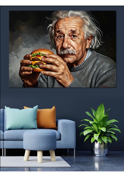 Hamburger Yiyen Bilim İnsanı Einstein Dekoratif Kanvas - Mdf Ahşap Tablo