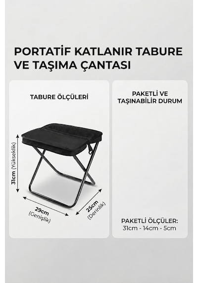 Kamp Taburesi Çantalı Katlanır Taşınabilir Hafif Dayanıklı Kaymaz Ayaklı Outdoor Oturma Sandalyesi Siyah
