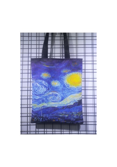 Owl Bag Sanat Eseri Gibi Yıldızlı Gece Desenli Tasarım Kumaş Omuz Çantası Mavi