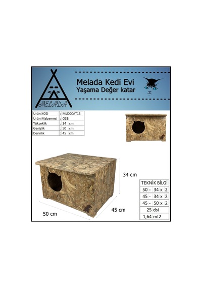 Melada Kedi Evi Dış Ortam Uygun Ahşap Kedi Evi Osb 50x45x34 Cm