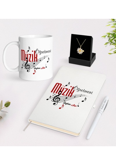 Kişiye Özel Müzik Öğretmeni Beyaz Kupa Defter Kalem Ve Isimli Pap