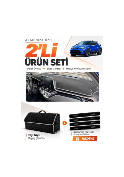 Toyota Chr 2016-2022 Uyumlu Torpido Örtüsü + Tay Tüyü Bagaj Çantası + Sticker Seti - Siyah Gri