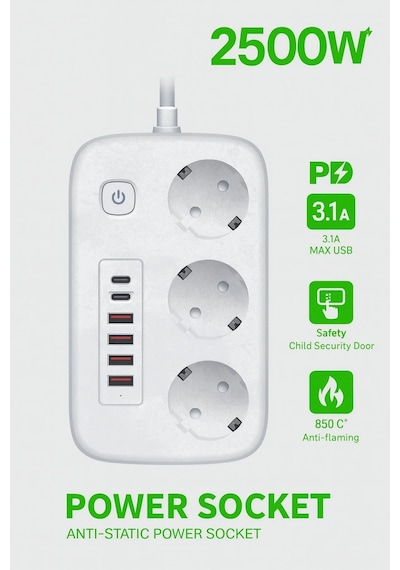 2500w Çoklu Priz 2 Metre 3 Lü Ac Priz +5 Usb Çıkışı Akım Korumalı Alev Almayan Gövde, 0 - 2 M