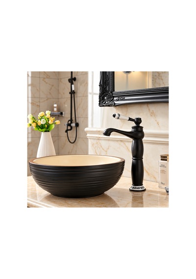 Rena Design Rustik Siyah Çanak Lavabo Bataryası Banyo Yüksek Musluk Porselen Işleme Armatür Otantik Retro