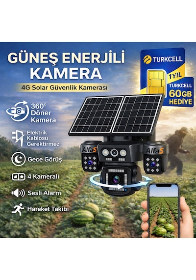 4g 4 Kameralı Sım Kart 1 Yıl 60 Gb Kablosuz Bahçe Depo Arazi İçin Çift Güneş Paneli Solar Kamera