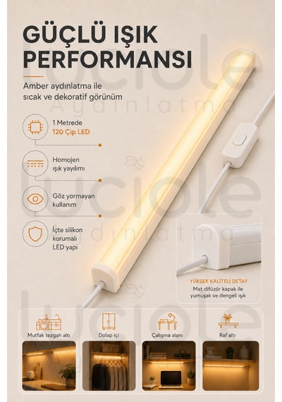 220v Amber Led Bar 100 Cm Fişli Anahtarlı Yapışkanlı Tezgah Altı Dolap İçi Aydınlatma
