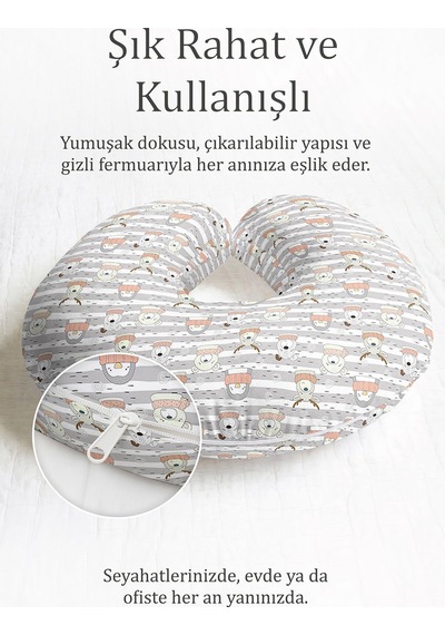 Sevimli Hayvan Figürlü Pamuklu Boyun Yastığı - Pastel Gri Turuncu Çizgili Seyahat Yastığı Soluk Kabak