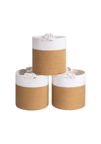 Mavaux Chang Örgü Saplı 3'lü Saplı Sepet, Düzenleyici 3'lü Sepet, Hasır Dokuma Sepet 30cm X 30cm Jütbeyaz