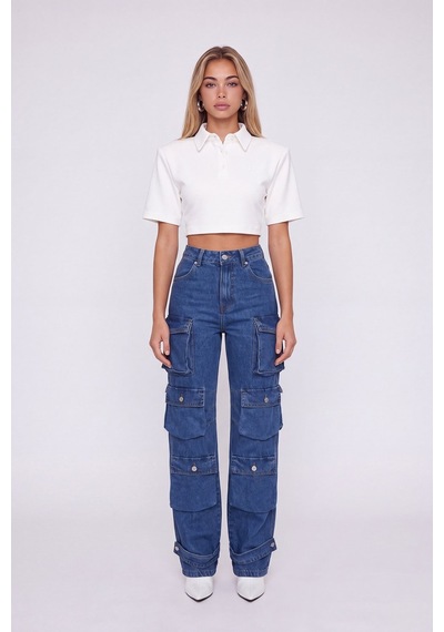 Holly Lolly Yüksek Bel Wide Leg Cargo Jean Pantolon Mavi