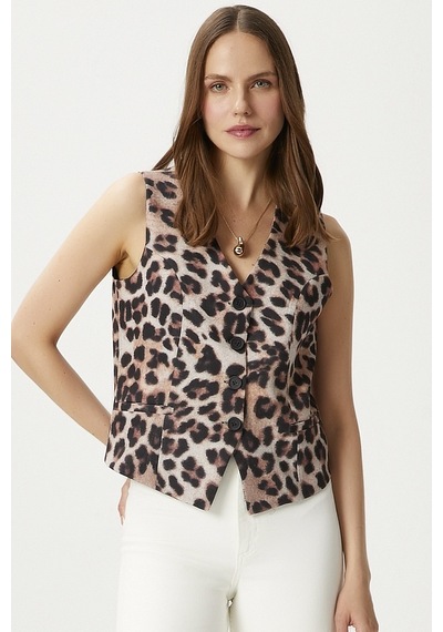 Ritnice Kadın Style Leopar Astarlı Dokuma Yelek Kahverengi - Krem