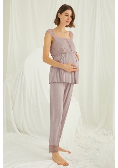 Burdagel Monamise Kadın Vizon Hamile Lohusa Sabahlıklı Pijama Takım 18441