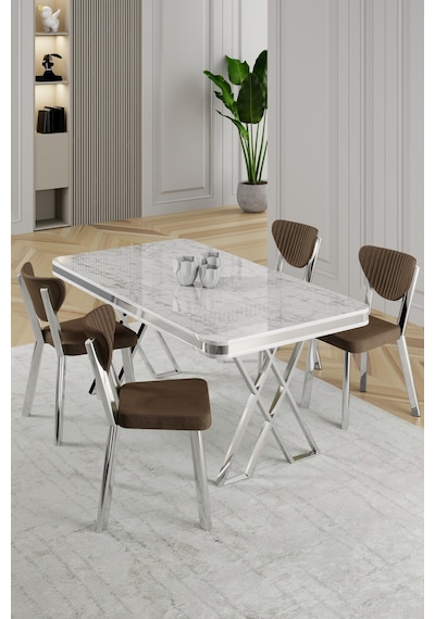 Raja Serisi 80x130 Lak Panel Beyaz Mermer Desen Masa Takımı Krom Ayaklı 4 Sandalye Beyaz Mermer Masa Kahve Sandalye Raja Serisi 80x130 Lak Panel Beyaz Mermer Desen Masa Takımı Krom Ayaklı 4 Sandalye Beyaz Mermer Masa Kahve Sandalye