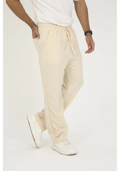 Erkek Jakar Kutu Desenli Baggy Eşofman Pantolon - Bej