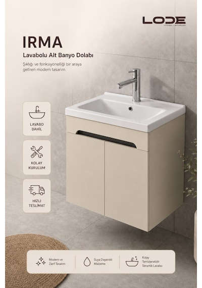 Lode Bath Irma Lavabolu Alt Banyo Dolabı, Kapaklı Banyo Alt Dolabı,seramik Lavabo Dahil 60 Cm Kumtaşı