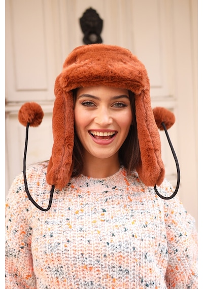 Kadın Kürklü Kulaklıklı Peluş Şapka Rkş-04 Kiremit Kiremit