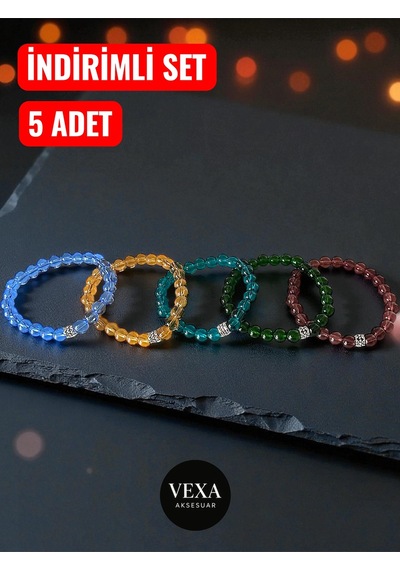 5 Li Renkli Cam Boncuk Bileklik Seti Enerji & Arkadaşlık Kombini Set Çok Renkli