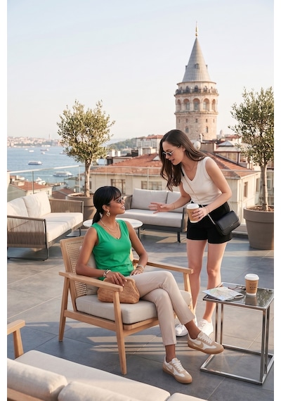 Lela Slim Fit V Yaka Kalın Askılı 2' Li Paket Bayan Bluz 5864384S2 Ekru-Benetton