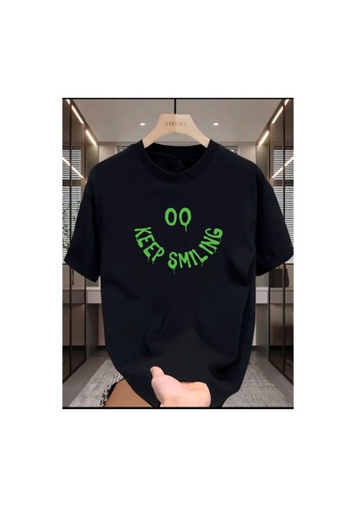 Medinenur Keep Smiling Baskılı Basic T-shirt Siyah