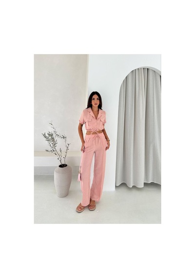 Wellway İthal Keten Kumaş İplik Detaylı Crop Gömlek & Pantolon İkili Takım -pembe Pembe