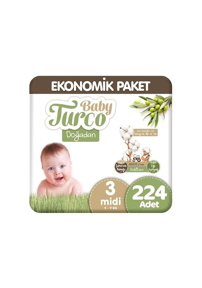 Baby Turco Doğadan 3 Numara Bebek Bezi Midi Ekonomik Paket 224 Adet