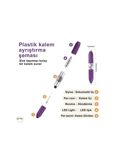 Led Işıklı 4 Ü 1 Arada Stylus Stres Çarklı Tükenmez Kalem Telefon Uyumlu Mor Mor
