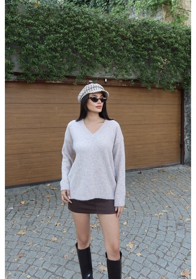 Kechi Woman V Yaka Oversize Triko Kazak Bej