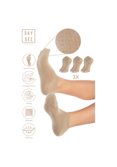 Saysez Bambu Kadın Kaydırmaz Taban Bej Vizon Silikon Pilates Yoga Fitness Dans Aktivite Patik Çorabı 3'lü Renkli