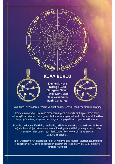 14 Ayar Altın Kova Burcu Kolye Ucu Burç Yıldız Haritası Sarı Altın