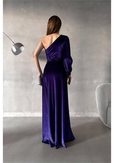 Lior Design Kadın Şık Detay Esnek Kadife Kumaş Tek Omuz Abiye Elbise Mor