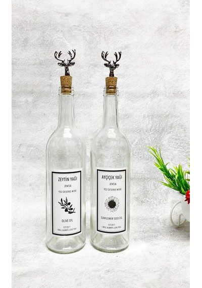 Siyah Geyik Tıpalı Şeffaf Cam Şişe 2'li 750 Ml Zeytinyağı Sıvıyağ