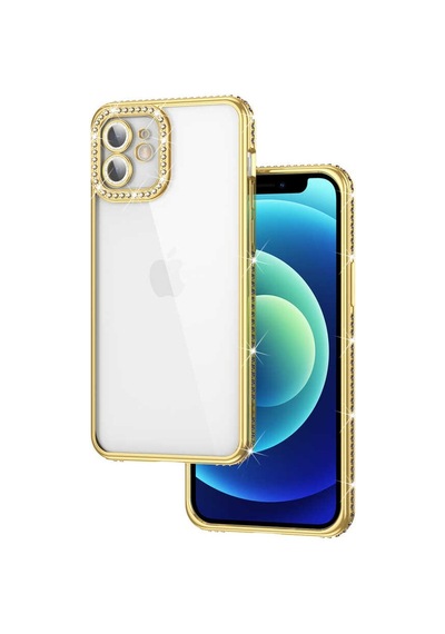 Noktaks - İphone 12 Uyumlu Kılıf Kamera Korumalı Taşlı Mina Kapak - Gold - T23556