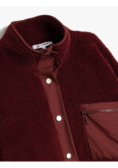 Koton Oversize Çıtçıt Düğmeli Cep Detaylı Peluş Sweatshirt Bordo 5wal10859ık Bordo