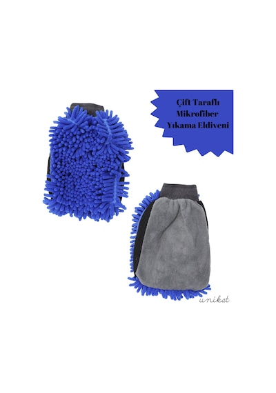 Çift Taraflı Mikrofiber Yıkama Eldiveni - Makarna Ve Sünger Yüzeyli Mavi 1 Adet
