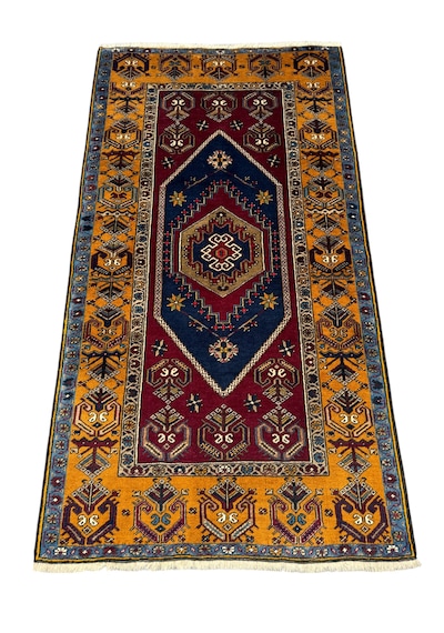 El Dokuması Yahyalı Halısı 107x200 Kök Boyası Safran Sarısı Kırmızı %100 Yün Halı