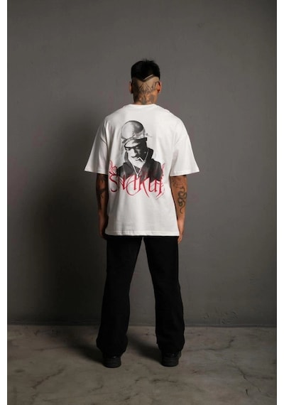 Barlashive Erkek Baskılı T-shirt Oversize Kısa Kol Bisiklet Yaka Tişort - Beyaz Çok Renkli