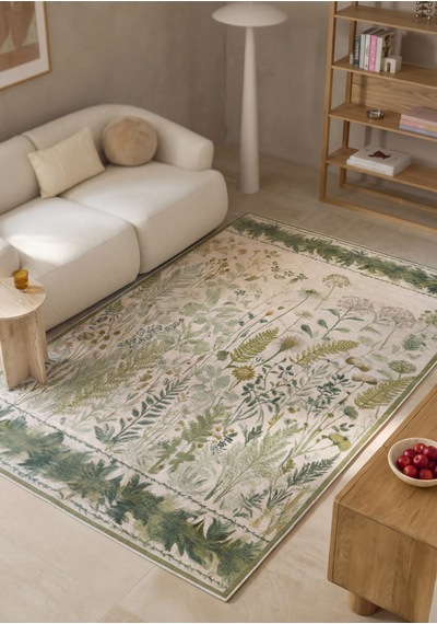 Garden 809 Yeşil Bej Botanik Çiçekli Halı Yıkanabilir Kolay Temizlenen Dokuma Taban İnce Halı Yeşil Bej A