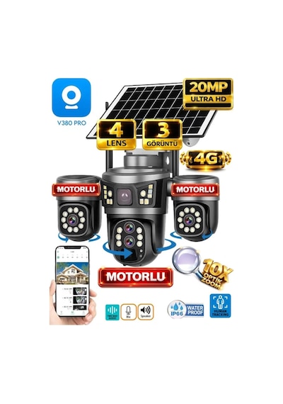 4 Kameralı Solar Güvenlik Kamerası 4g Sim Kartlı Ptz Hareketli Gece Görüşlü Güneş Panelli Kamera - 899344293