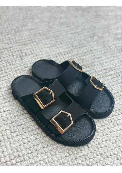 Asmi Shoes Kadın Eleni Siyah Süet Çift Tokalı Rahat Taban Terlik