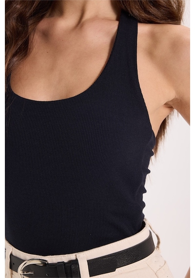Tudors Kadın Slim Fit Dar Kesim Pamuklu Halter Yaka Kaşkorse Lacivert Crop-50710