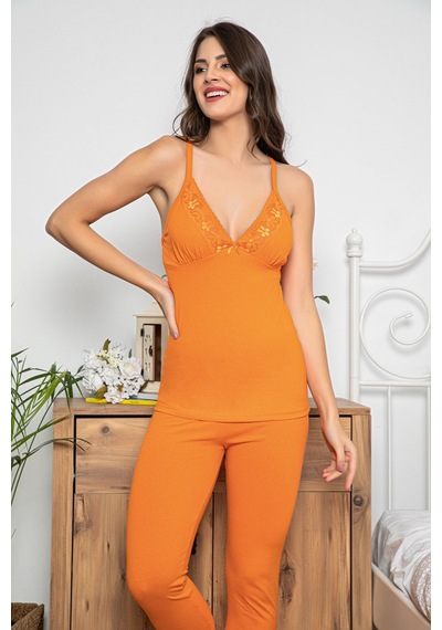 Myben Kadın Turuncu Renkli Dantel Detaylı Şortlu Ve Taytlı Pijama Takımı 3'lü Set 75002 Turuncu