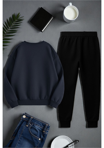 Uyguntarz Unisex Today İs The Perfect Tasarım Basklı Bisiklet Yaka Sweatshirt - 2'li Eşofman Takımı Lacivert