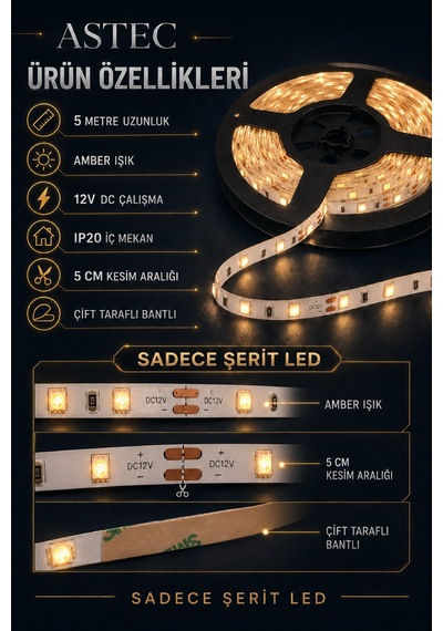 Astec 12v Şerit Led 5 Metre / 10 Metre Yapışkanlı Kesilebilir İç Mekân Aydınlatma Trafo Hariç Bütün Renkler 48546284