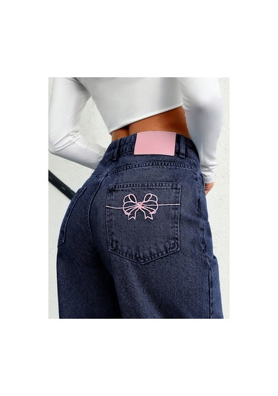 Kene Jeans Kemer Derili Tek Cep Nakışlı Lacivert Boru Paça Lacivert