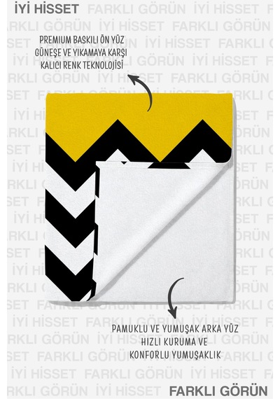 Sarı Zigzag Desenli Modern Plaj Havlusu - Geometrik Siyah Beyaz Minimalist Hızlı Kuruyan Plaj Örtüsü Kül Mercan