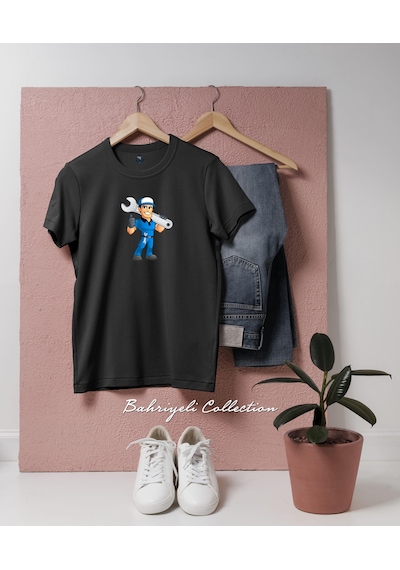 Oversize Car Auto Mechanic Worker Cartoon Tasarımlı Unisex T-shirt Siyah