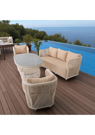 Psine Üçlü Rattan Bahçe Oturma Grubu 3+1+1+sehpalı Bahçe Takımı