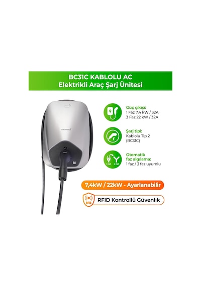 Goboenergy Bc31b Elektrikli Araç Şarj İstasyonu Type 2 Kablolu 22 Kw Max 32a, Duvar Tipi Ev Şarj Ünitesi Genel