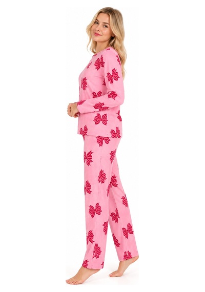 Sleeeproom Kadın Süet Mevsimlik Kurdele Desen Pijama Takımı Pembe - Kırmızı