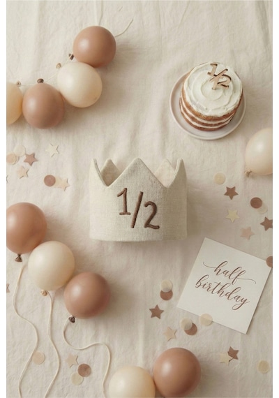 1/2 Half Birthday - Yarım Yaş Nakışlı Bebek Tacı - Half Birthday Tacı - Kahve/krem +0