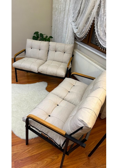 Ahşap Detaylı Balkon Takımı 2+2 kişilik Modern Çay ve Kahve Köşesi Bej - Krem